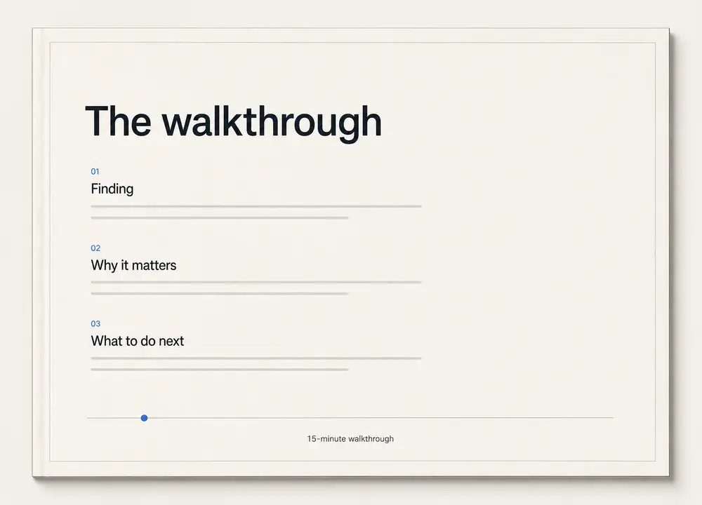 Illustrative audit walkthrough showing a finding, why it matters and what to do next.