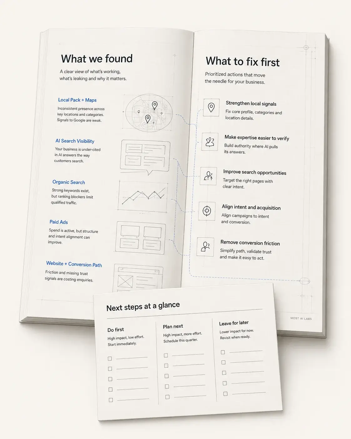 Illustrative open MOST audit report connecting what we found with what to fix first, plus a prioritized next-steps sheet.