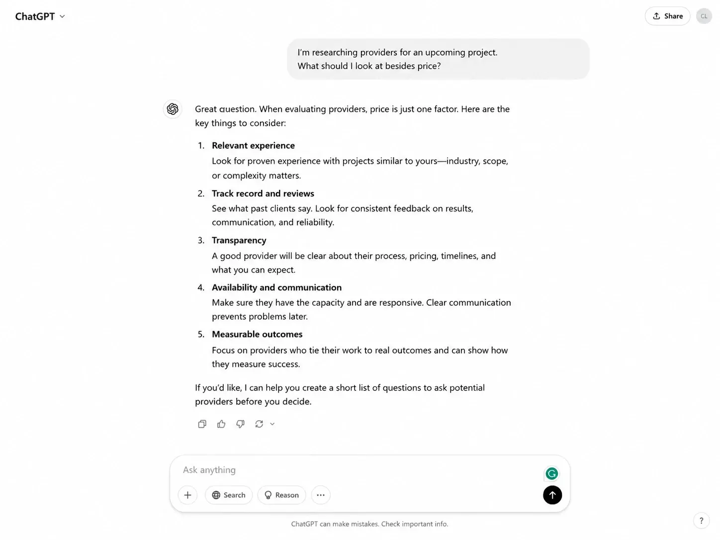 A ChatGPT answer listing what to evaluate in a provider besides price: relevant experience, track record and reviews, transparency, availability and communication, and measurable outcomes. No sponsored placement appears.