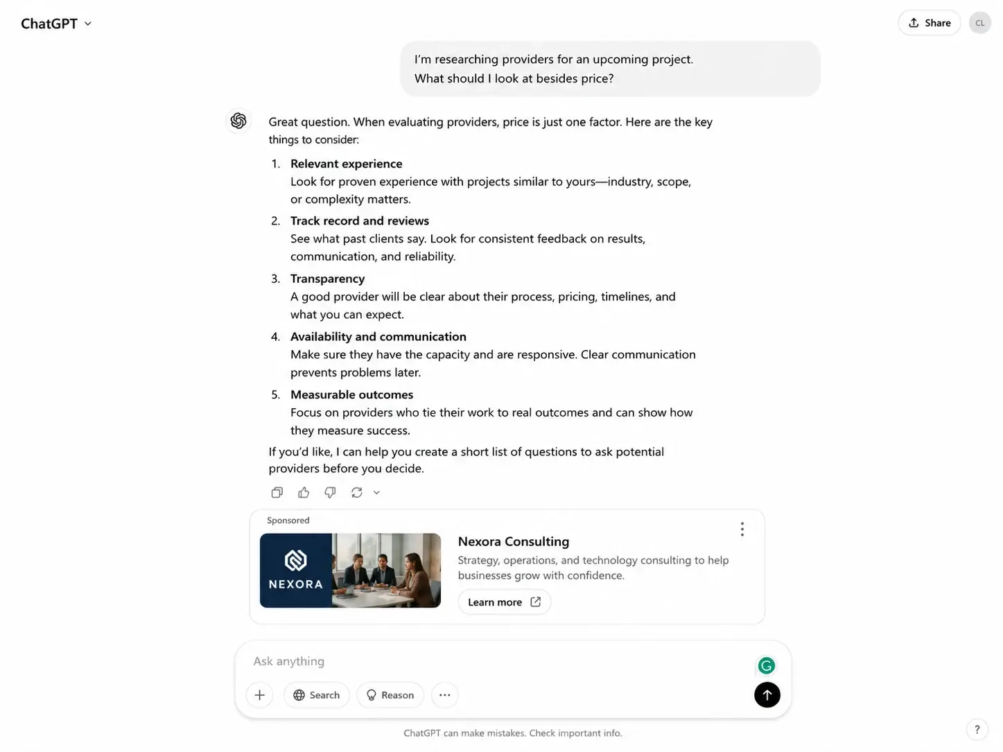 The identical ChatGPT answer, unchanged word for word. Beneath it, separated and labelled Sponsored, sits an example advertisement for a fictional consulting firm with a Learn more link.