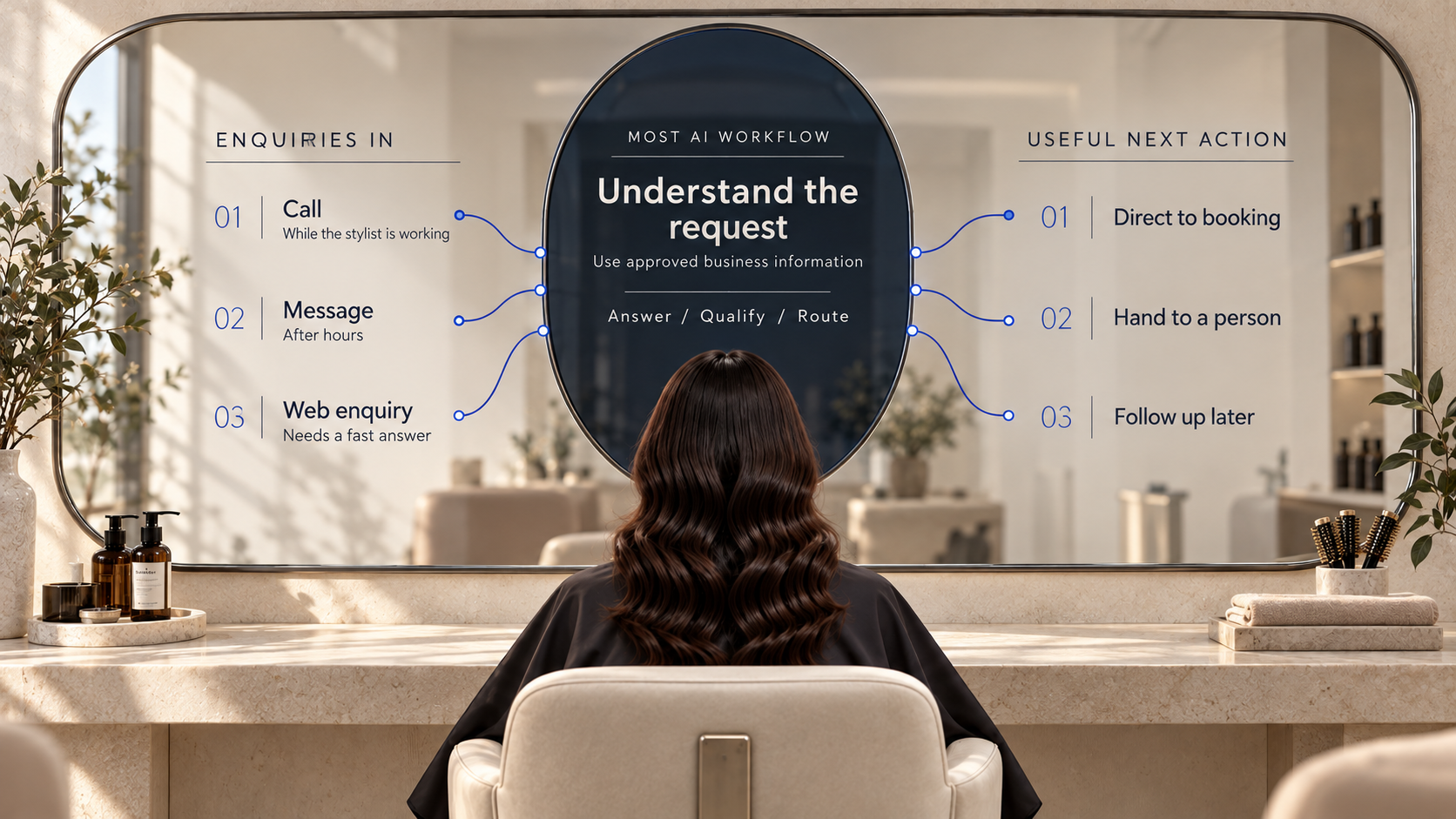 A woman seen from behind in a feminine salon studio, facing an oval AI workflow mirror that connects calls, messages and web enquiries to booking, human handoff and follow-up