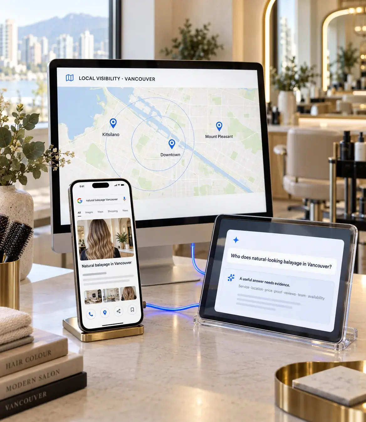 Realistic salon workspace showing Vancouver Maps visibility, a natural balayage Google search result and an AI answer connected across physical devices.