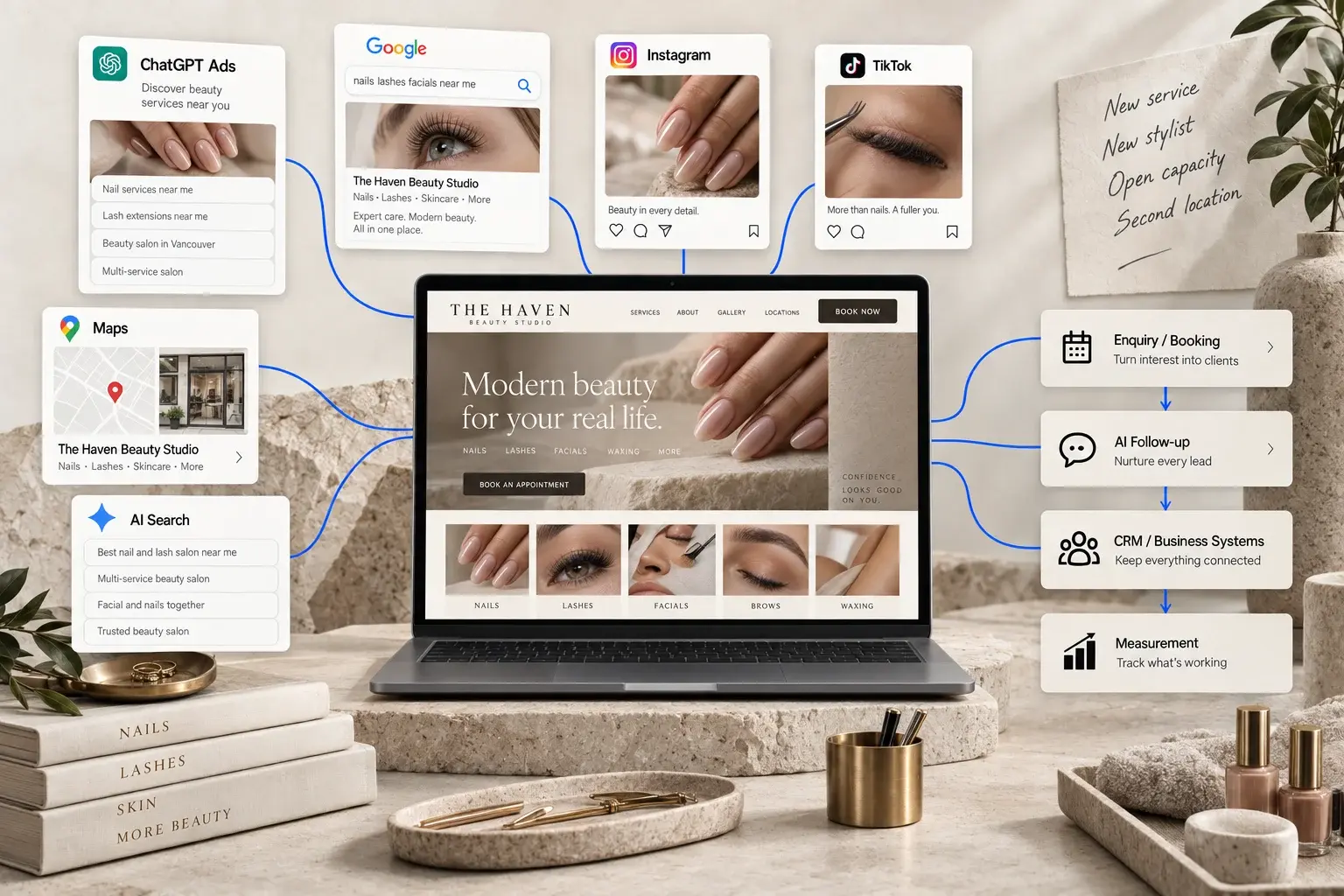 Illustrative established lash, nail and multi-service beauty website connected to ChatGPT Ads, Google, Instagram, TikTok, Maps and AI Search, then to booking, follow-up, CRM and measurement.