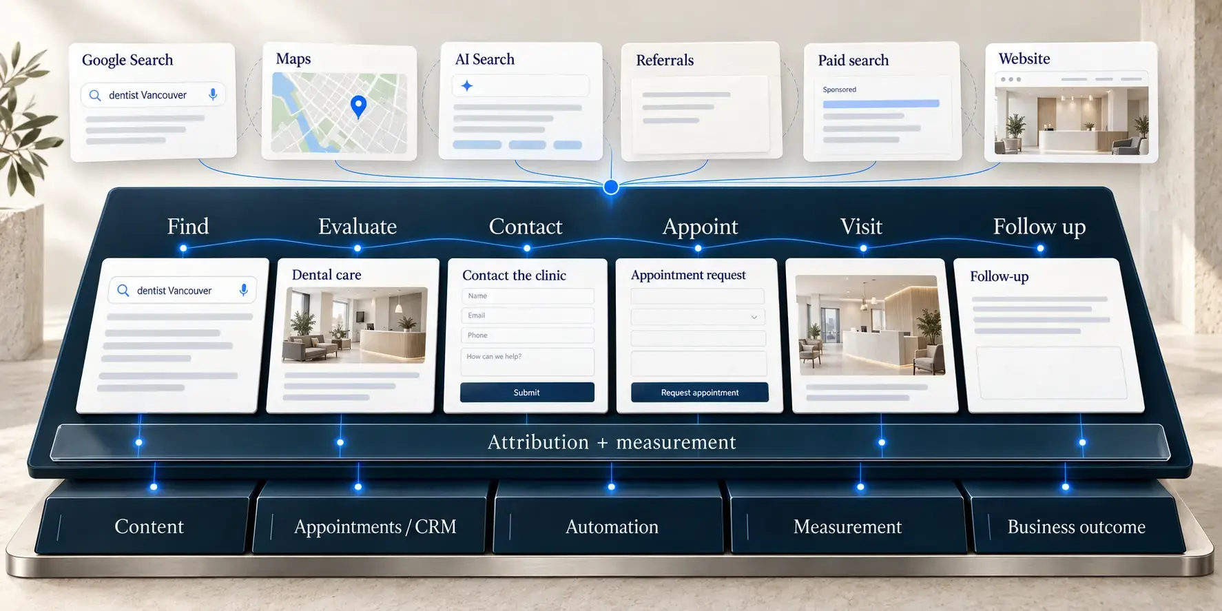 Find, Evaluate, Contact, Appoint, Visit, Follow up. A continuous attribution layer supports all six stages above Content, Appointments and CRM, Automation, Measurement and Business outcome.