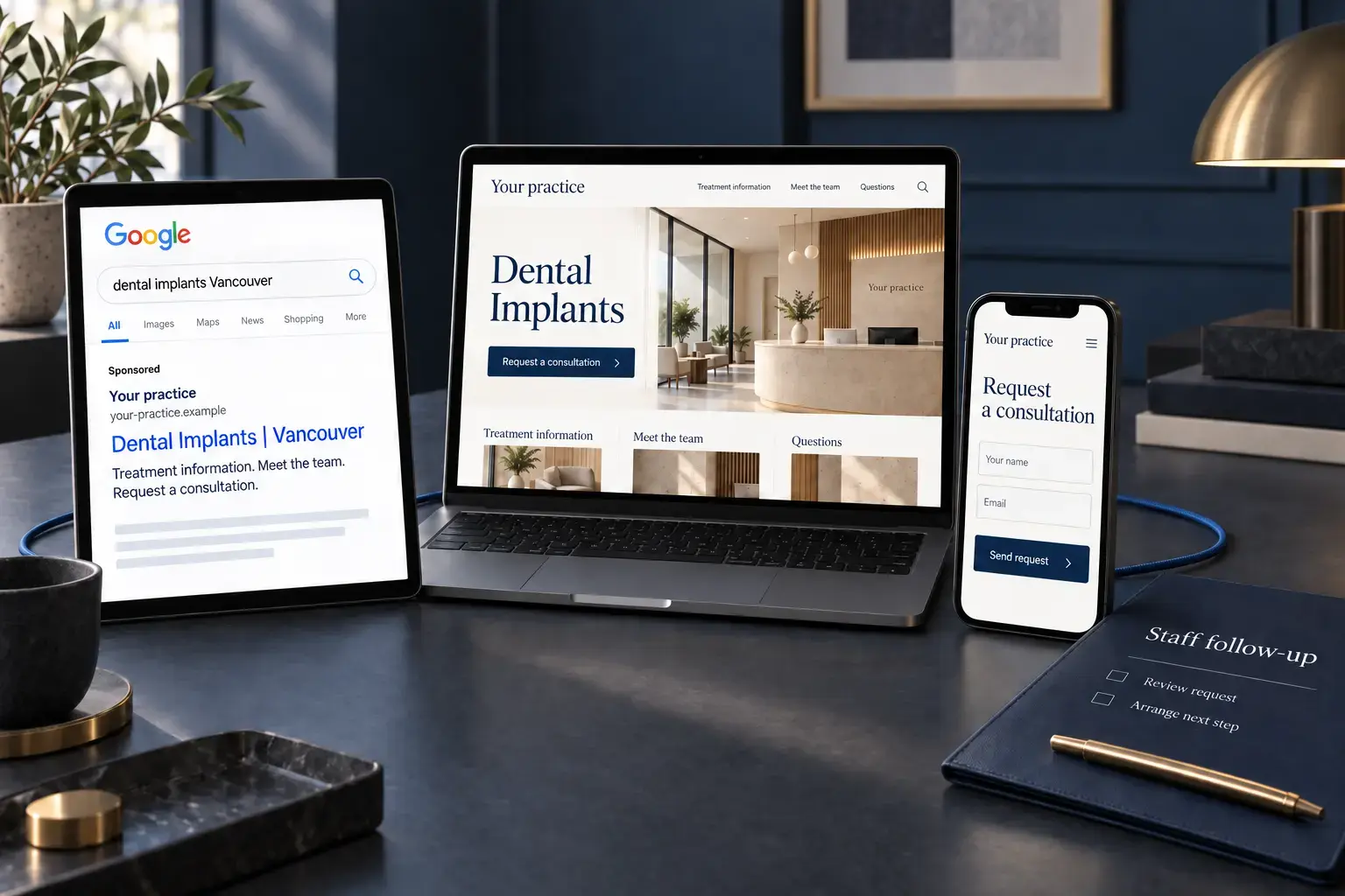 Illustrative sponsored Google search result, dental treatment landing page and mobile enquiry, connected without invented campaign results.