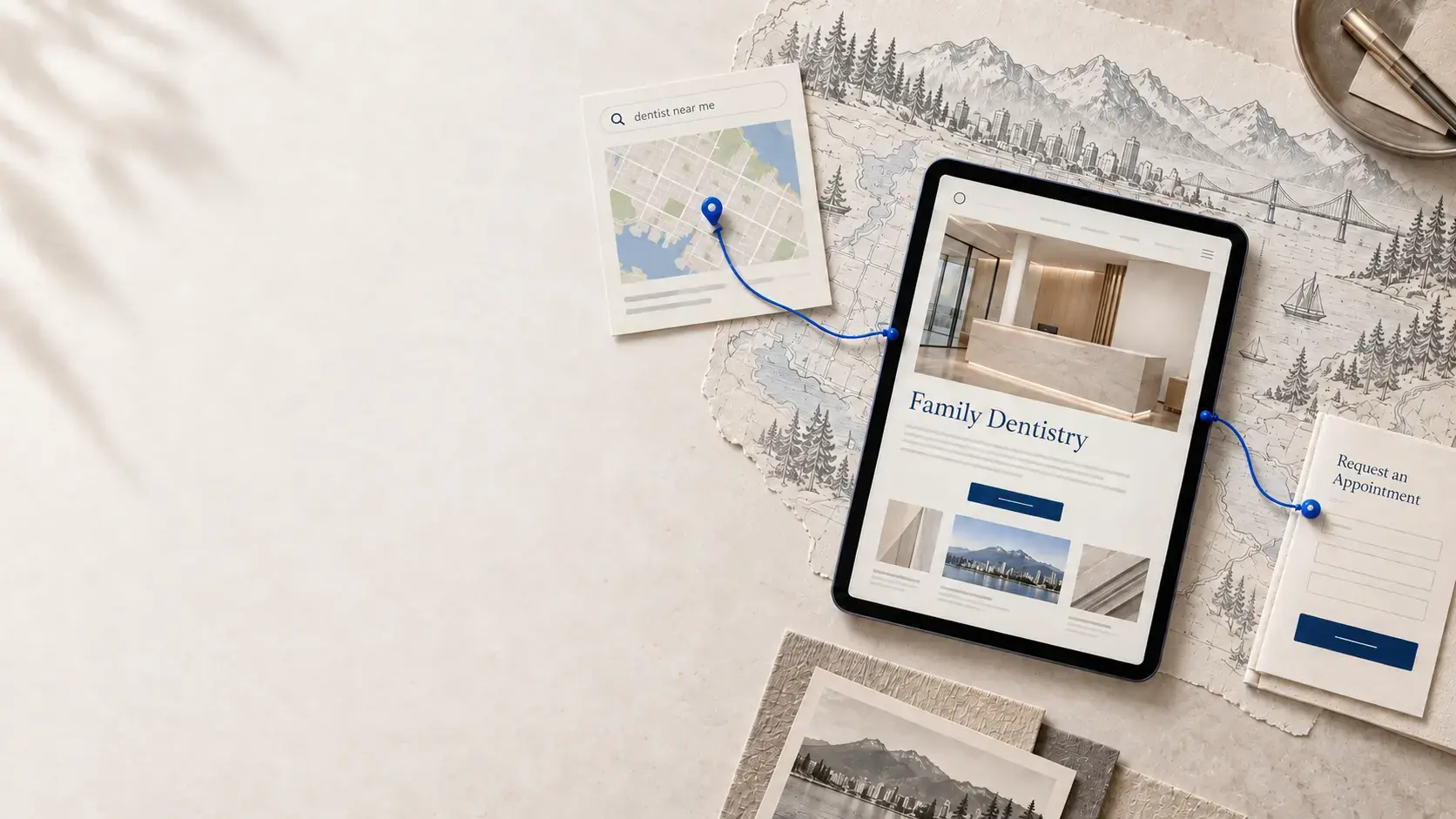 Illustrative dental website, local search and enquiry path connected by a cobalt thread on a warm ivory architectural surface.