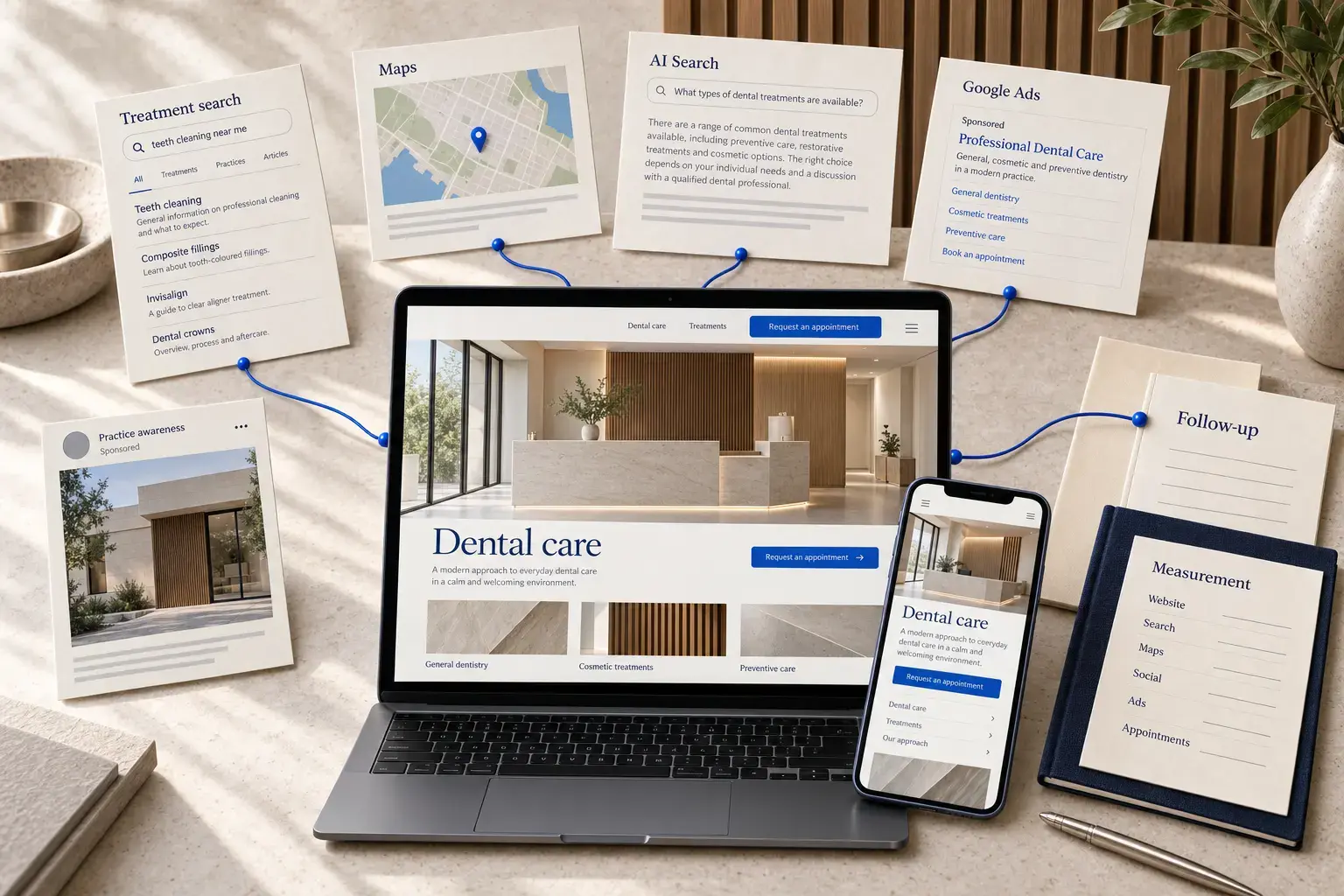 Illustrative established multi-dentist clinic connecting its website with treatment search, Maps, organic AI visibility, paid search and follow-up.