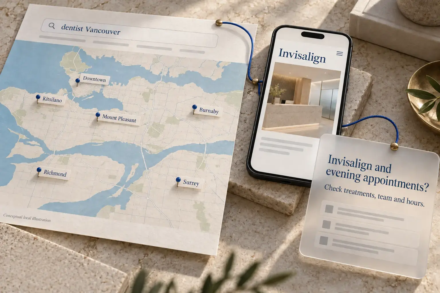 Illustrative Vancouver search map connecting local discovery, a treatment page and an organic AI question about Invisalign and evening appointments.