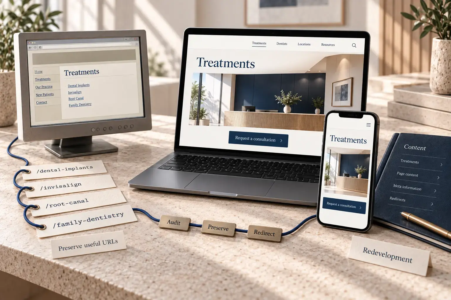 Illustrative established clinic redevelopment preserving dental-implants, invisalign, root-canal and family-dentistry URLs while modernising its website and CMS.
