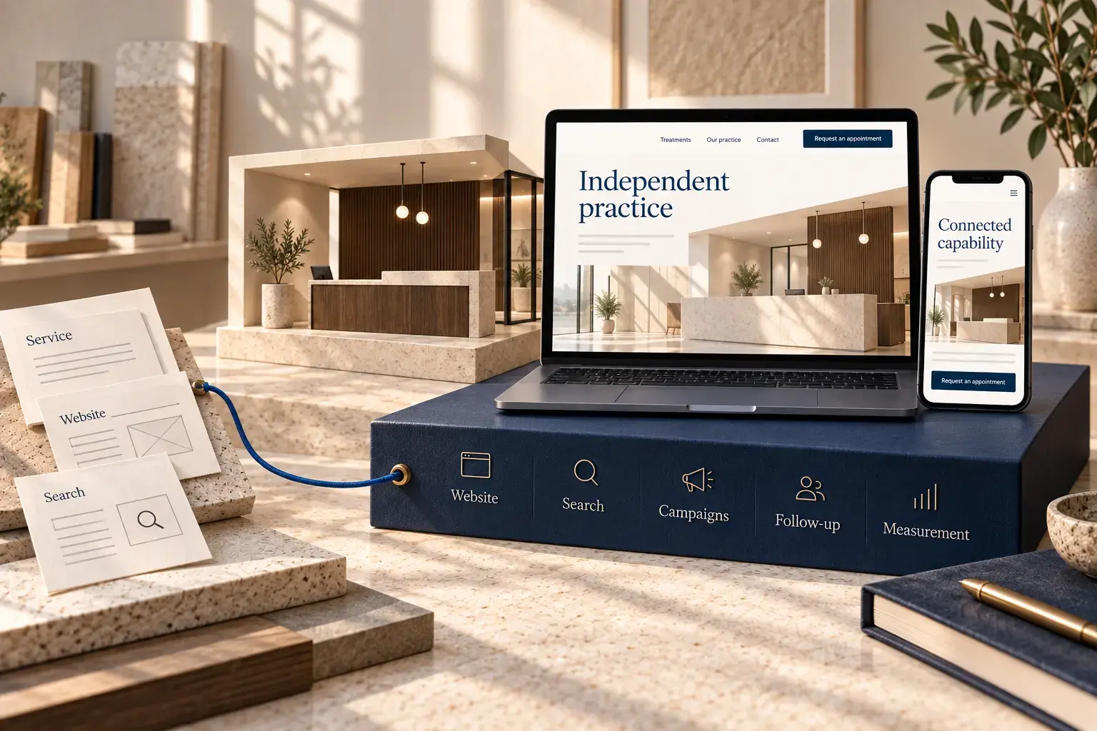Illustrative independent dental practice with a unified website and business platform, contrasted with scattered content, campaign and reporting materials.