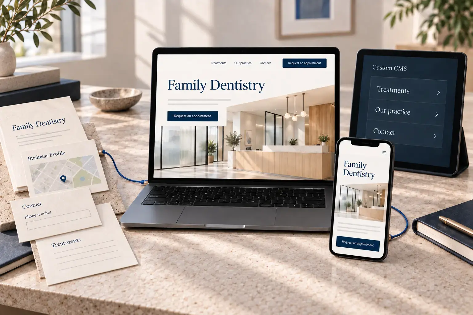 Illustrative new family dental practice moving from a brand, local listing and contact details to a custom website, mobile experience and content system.