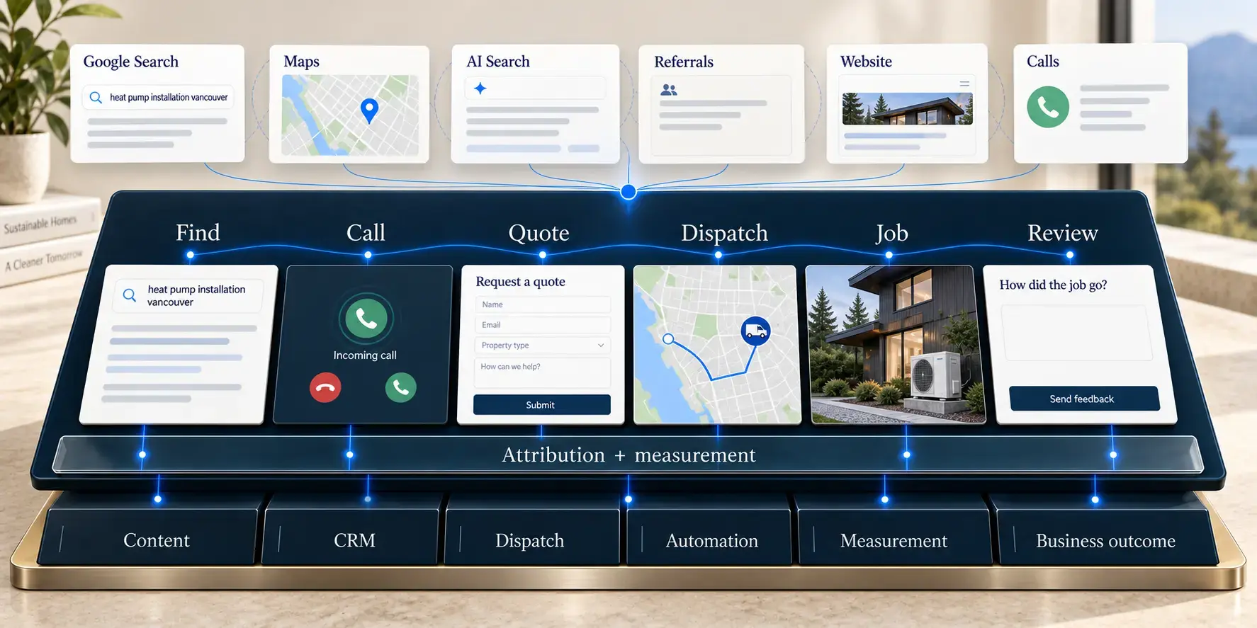 Find, Call, Quote, Dispatch, Job, Review: an illustrative connected HVAC journey, supported by attribution and six business-engine capabilities.