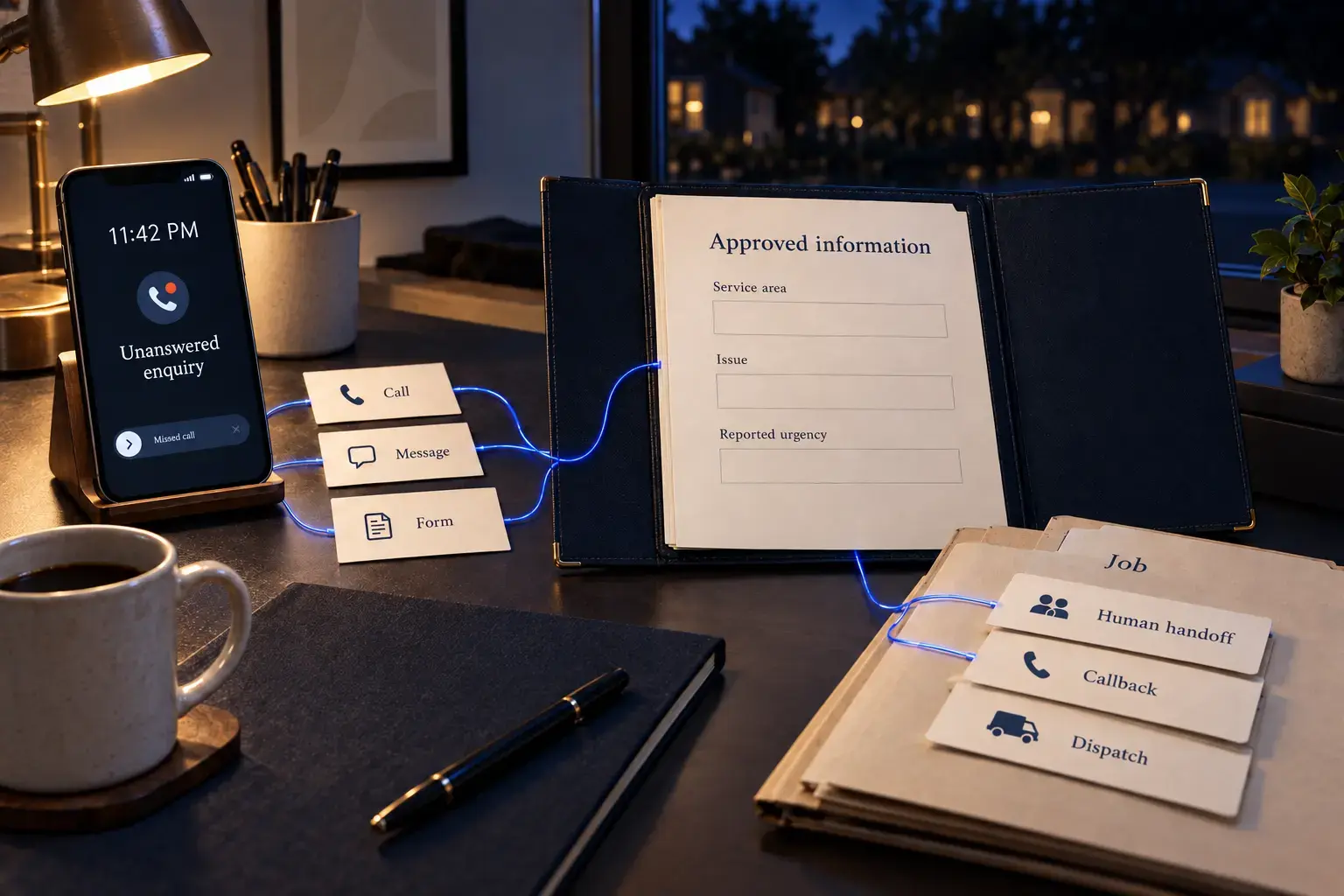 Illustrative late-night HVAC request moving from call, message or form to approved AI intake, human escalation and a dispatch handoff.