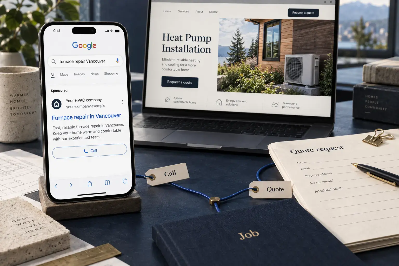 Illustrative Google HVAC ad connected to an urgent repair call and a heat-pump quote page, with job tracking underneath.