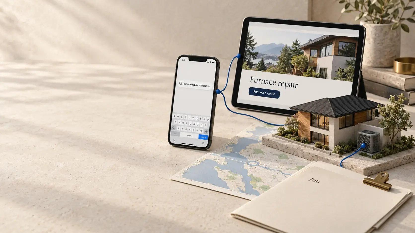 Illustrative Vancouver HVAC search, service website and job workflow connected across an architectural service-area map.