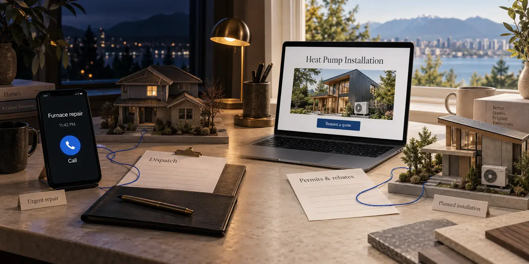 Two illustrative HVAC journeys: a late-night furnace repair call routed to dispatch, and a planned heat-pump project moving through research and a quote.
