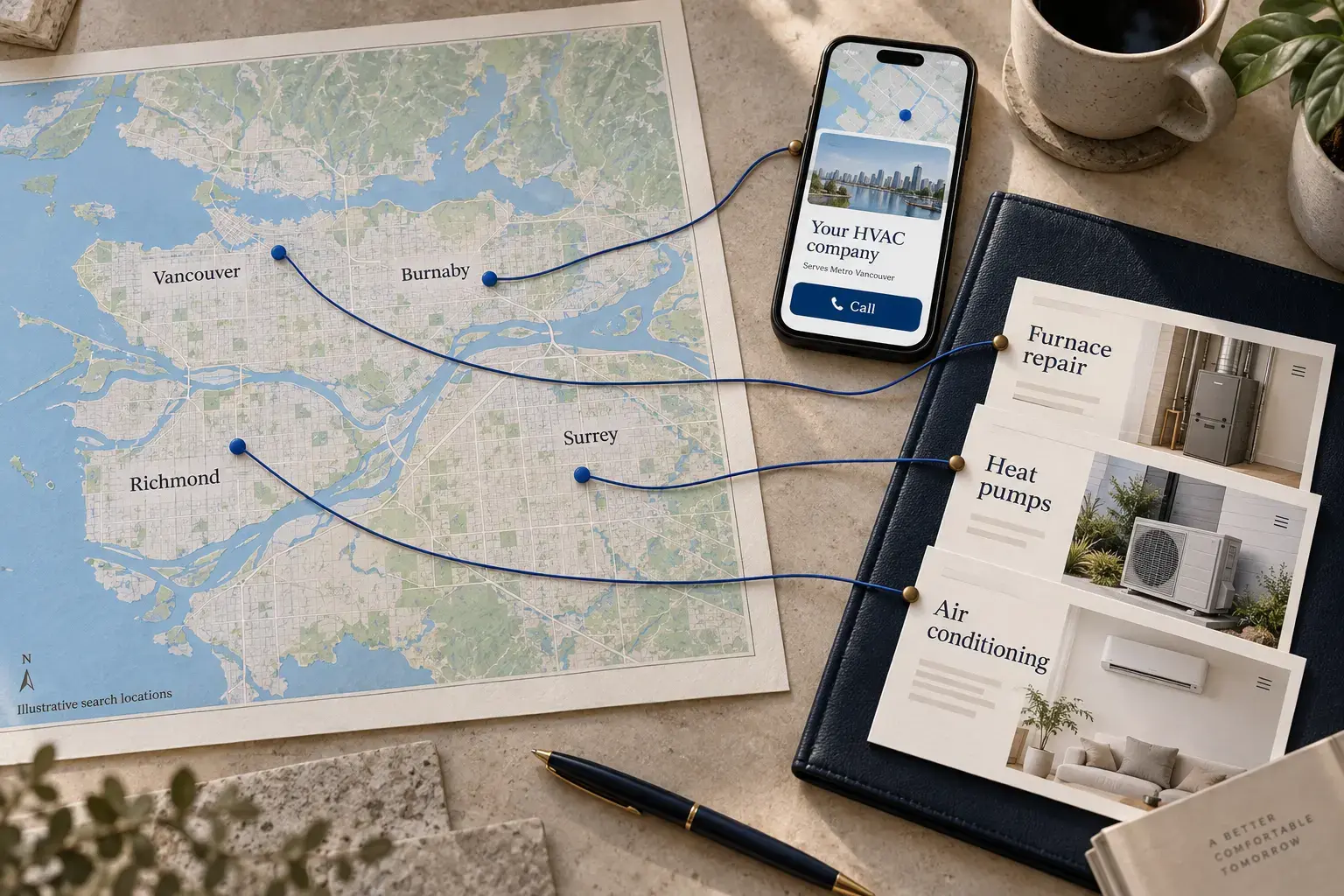 Illustrative Metro Vancouver HVAC service-area map, a hidden-address local result and linked furnace, heat-pump and AC service pages.