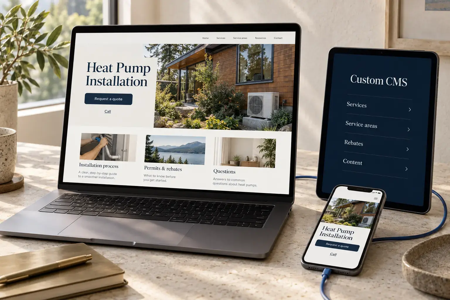 Illustrative HVAC service website, mobile quote experience and custom content system