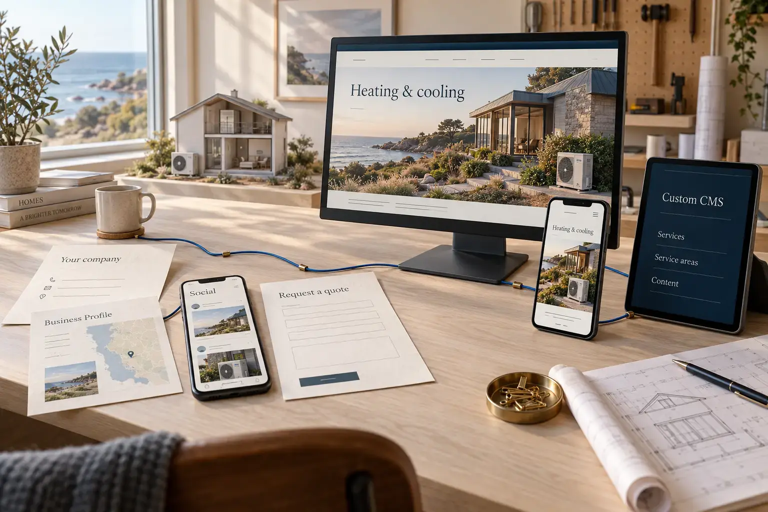 Illustrative new HVAC contractor connecting a business profile, contact details and brand to a custom website, mobile quote flow and CMS.