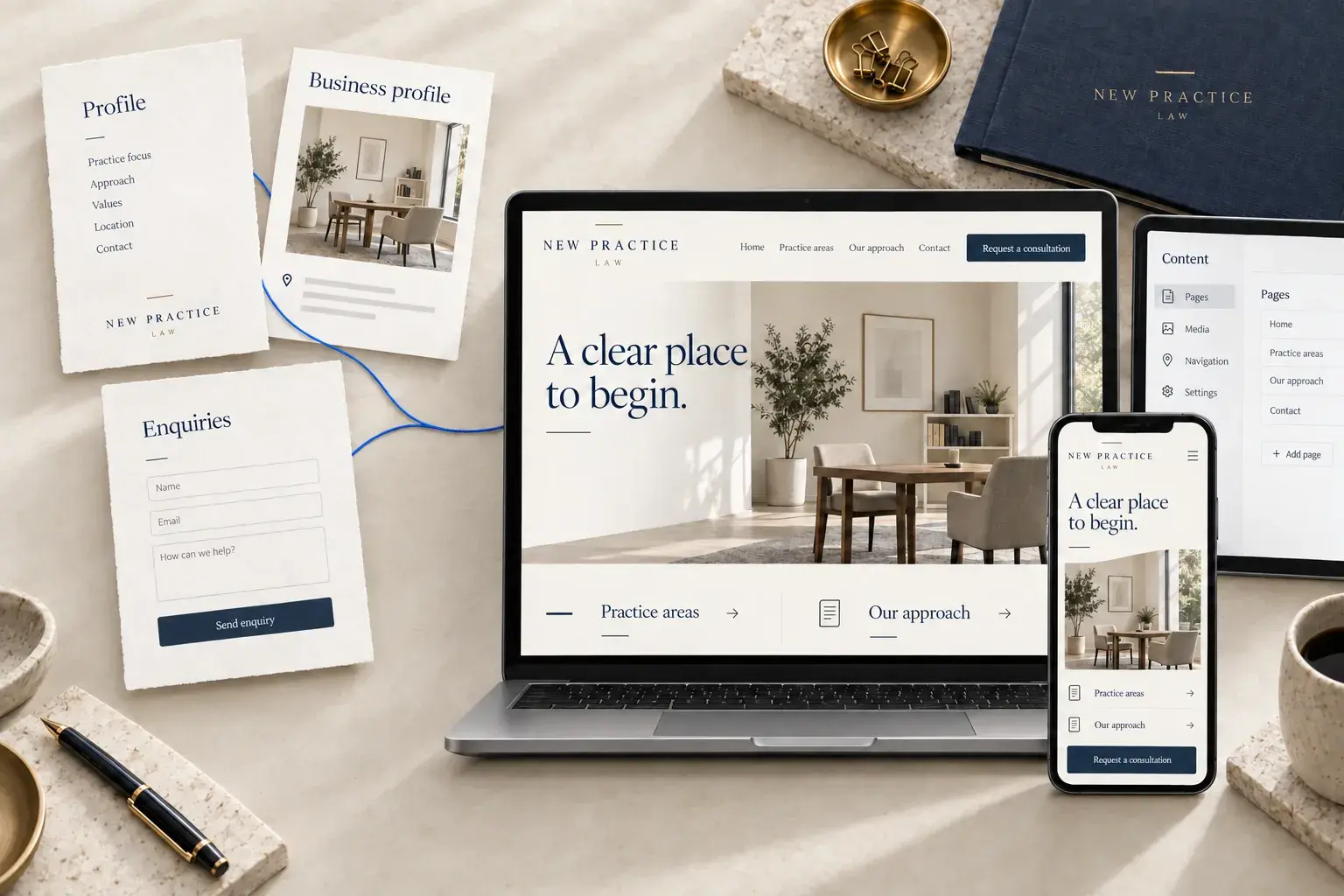 Illustrative new practice connecting a lawyer profile, local listing and enquiry form to a custom website, mobile experience and CMS.