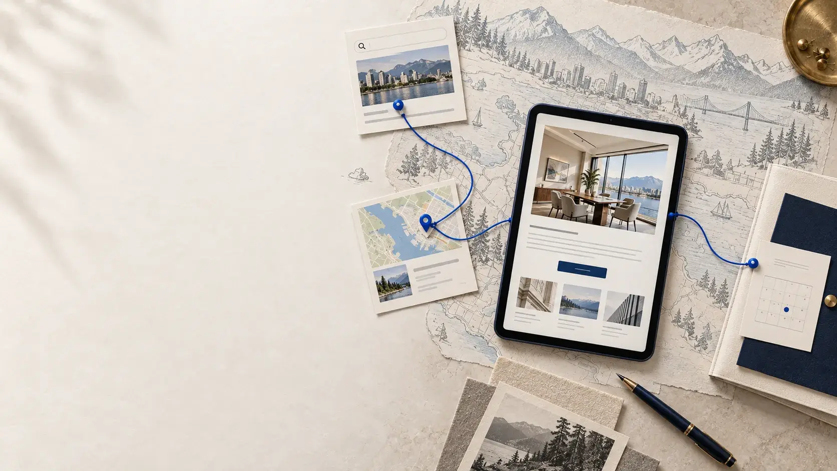 MOST legal-industry concept connecting local search, a practice-area website and a consultation path with a cobalt thread.