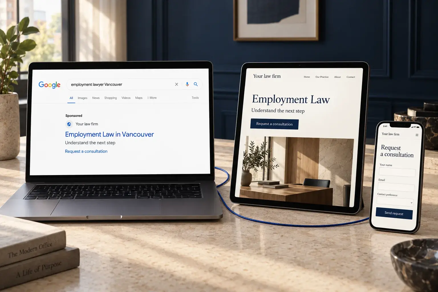 Illustrative Google Search advertisement connected to an employment-law landing page and a consultation enquiry on mobile, without performance claims.