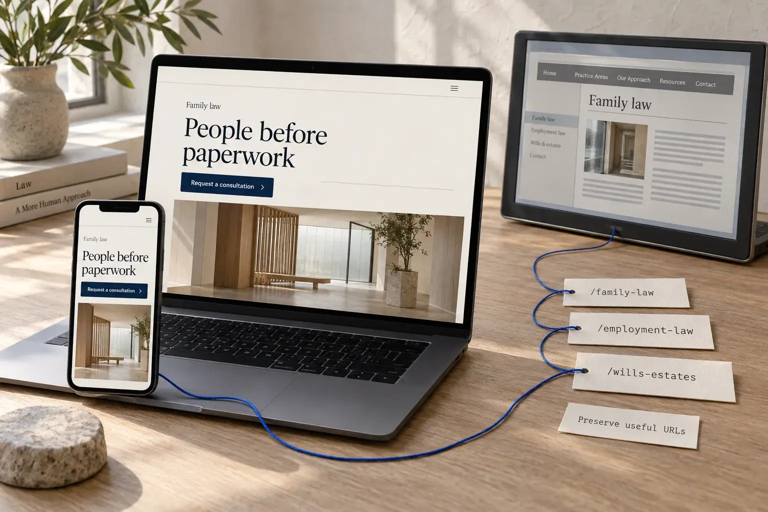 Illustrative law-firm redevelopment preserving family-law, employment-law and wills-estates URLs while replacing an outdated website with modern desktop and mobile experiences.
