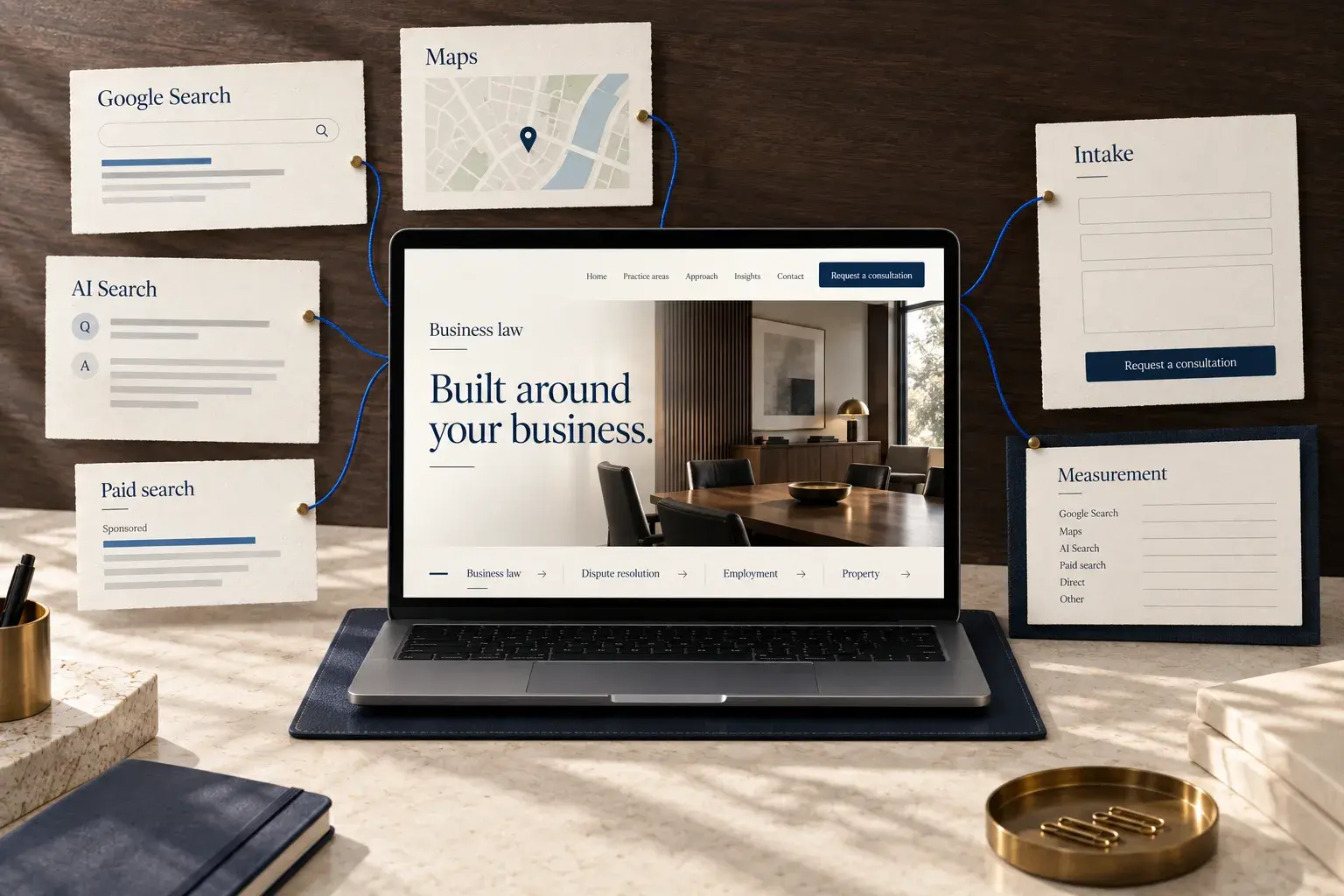 Illustrative established firm website connecting Google Search, Maps, organic AI visibility and paid search to intake and measurement.