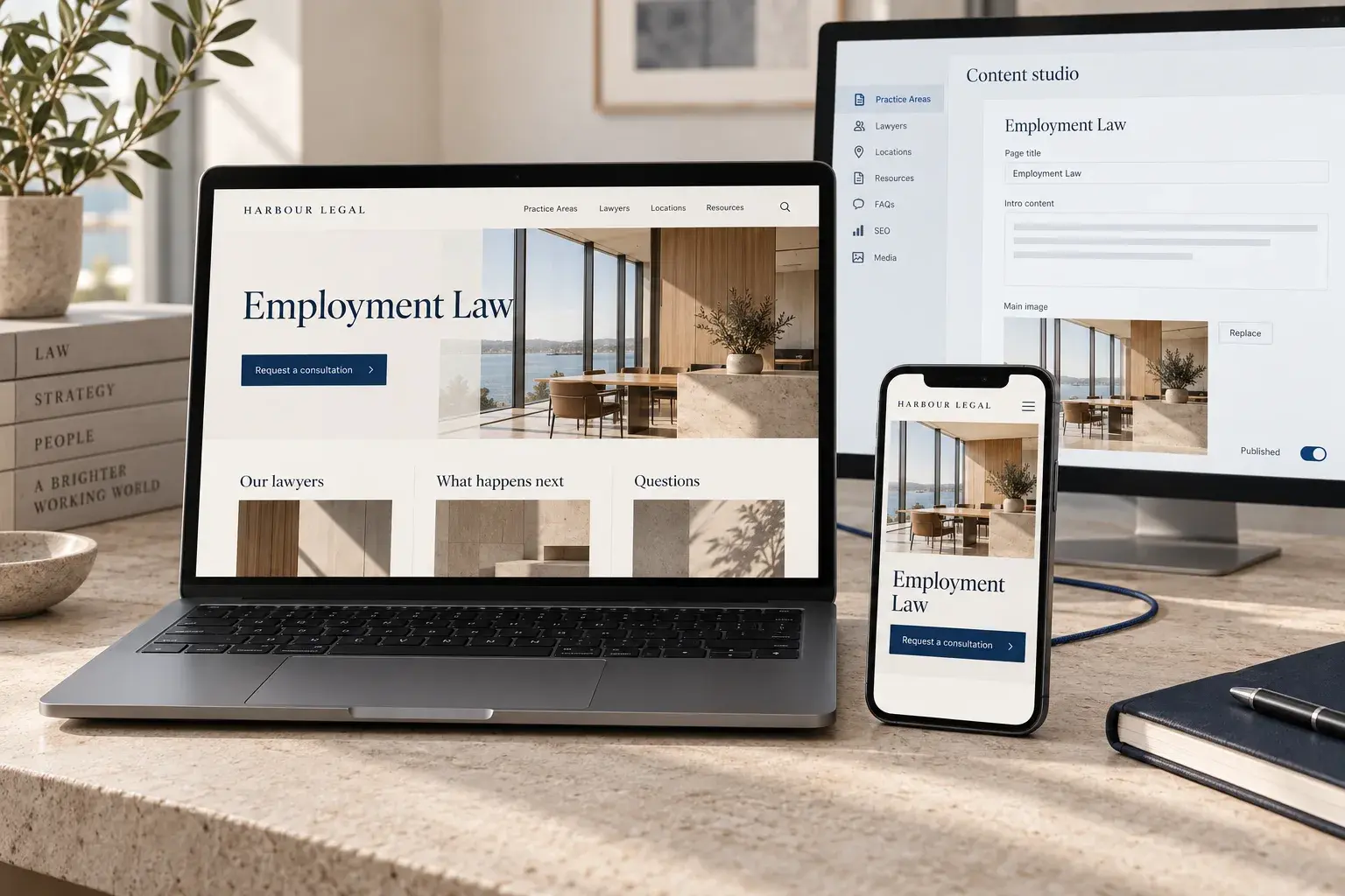 Illustrative law firm website, mobile consultation experience and custom content system