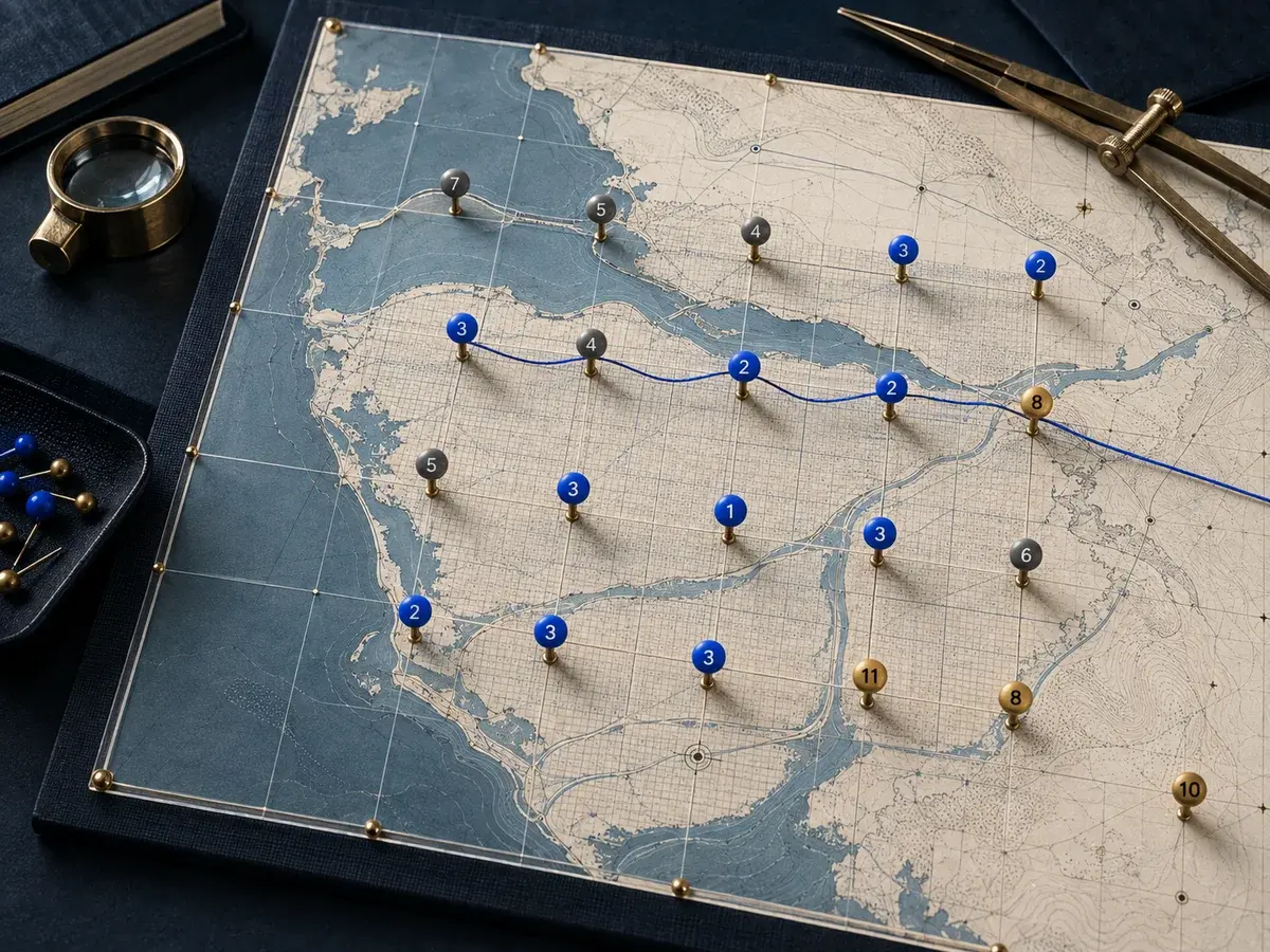 A realistic physical local-search rank survey laid over a detailed Vancouver map. An acrylic sampling grid holds numbered enamel pins: blue pins mark positions one to three, graphite pins mark positions four to seven, and brass pins mark positions eight to eleven. A blue measuring thread crosses the sample points, showing how the same business can be highly visible in one neighbourhood and nearly absent several kilometres away.